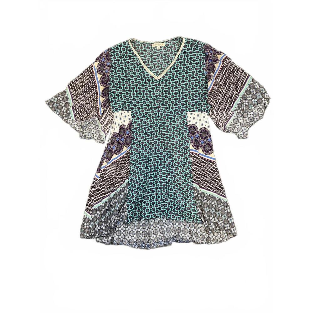 umgee Women's Boho Patchwork Patterned V-Neck Tunic Top 3/4 Bell Sleeve Size XL